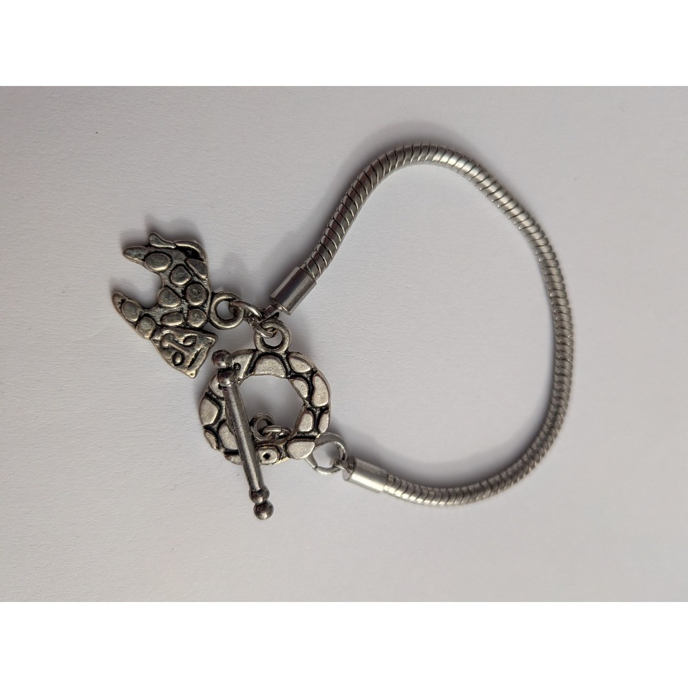 Vintage Silver Tone Elephant Charm Snake Chain Toggle Bracelet Boho Jewelry